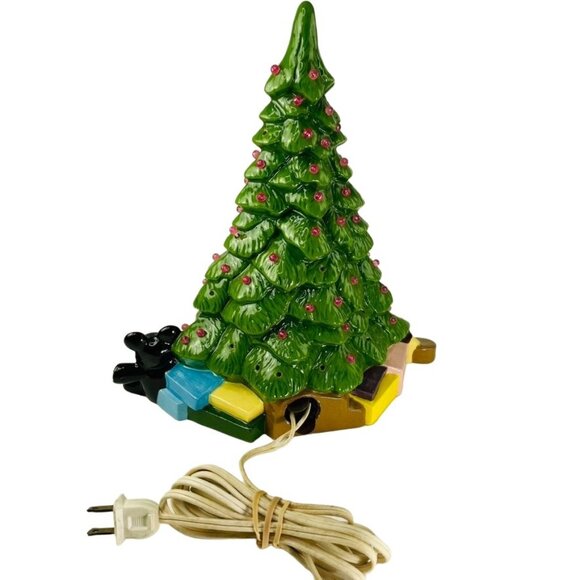 Unique Vintage Handmade Ceramic Green u Christmas Tree Little Girl Presents Tedd - Picture 13 of 16